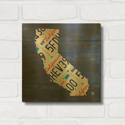 'California License Plate Map Blue' By Design Turnpike Gold Metal Wall Art, 12" x 12"