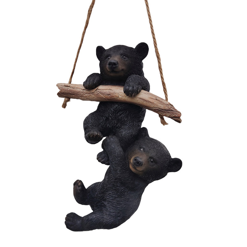  Hanging Bear Cubs Duet: Playful Black Polyresin Figurine Set