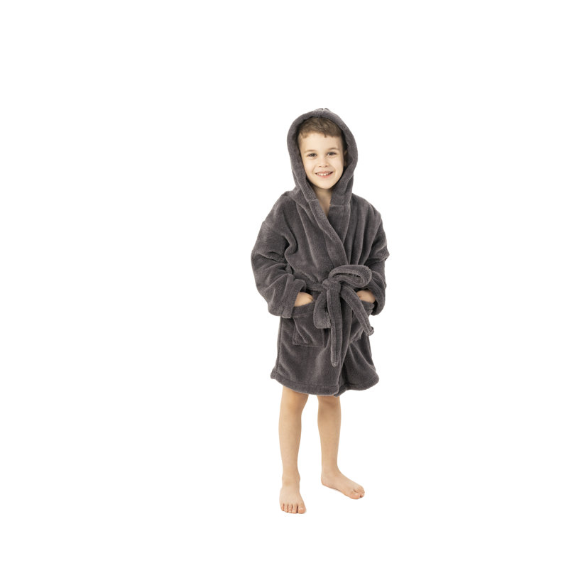 Kids' XL Gray Microfiber Plush Fleece Hooded Bathrobe