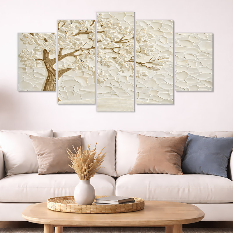 Ensemble de 5 pièces de décoration murale Beige Winter Tree In Gloden Wind I - Tree Hazel