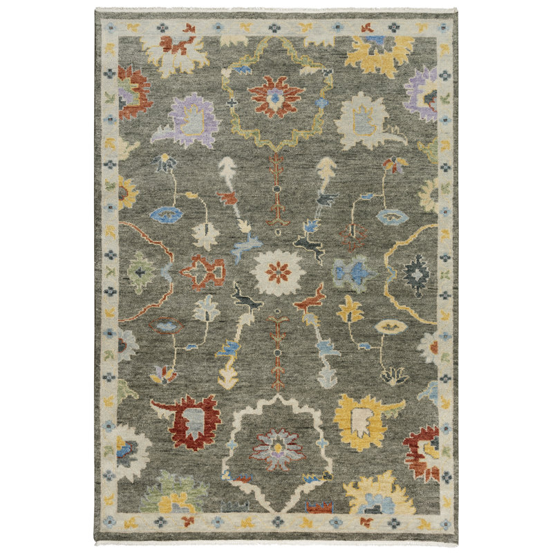 Tapis gris floral en laine noué à la main, Rectangle 10 pi x 14 pi