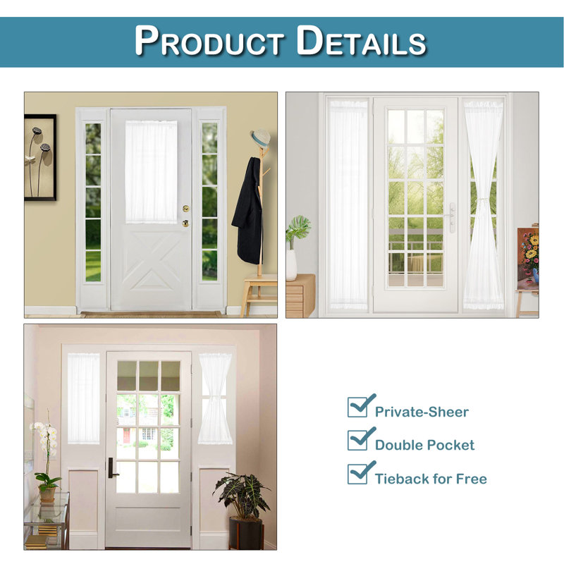 Privacy Non-See-Through Door Sheer White French Door Curtain, 25" W x 72" L