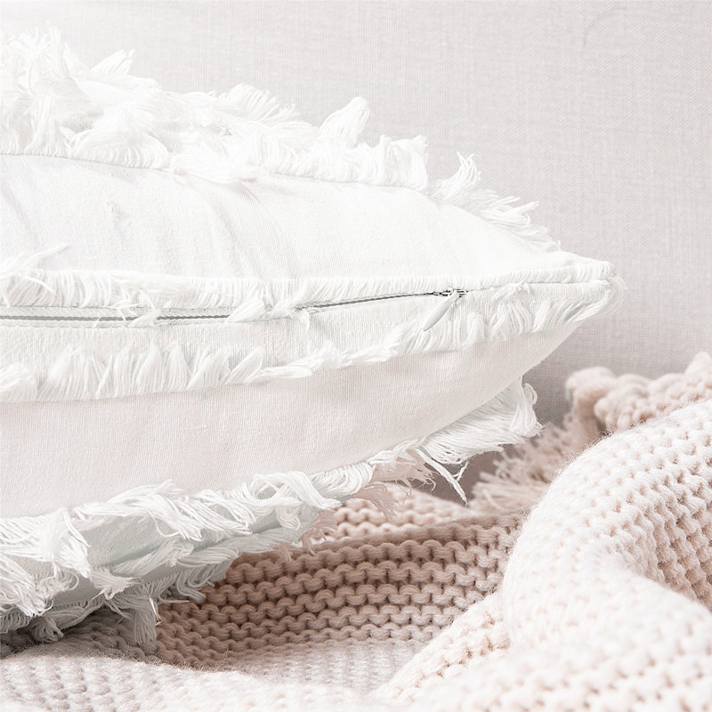 White Cotton and Polyester Euro Pillow Cover with Tassels, 16"x16"
