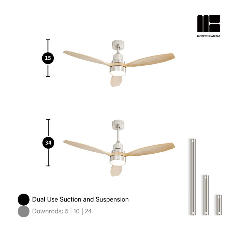 Auravista 52 In. Indoor Oak Blades Ceiling Fan Chrome Housing With LED Light Bulbs And Remote Control, Light Yellow