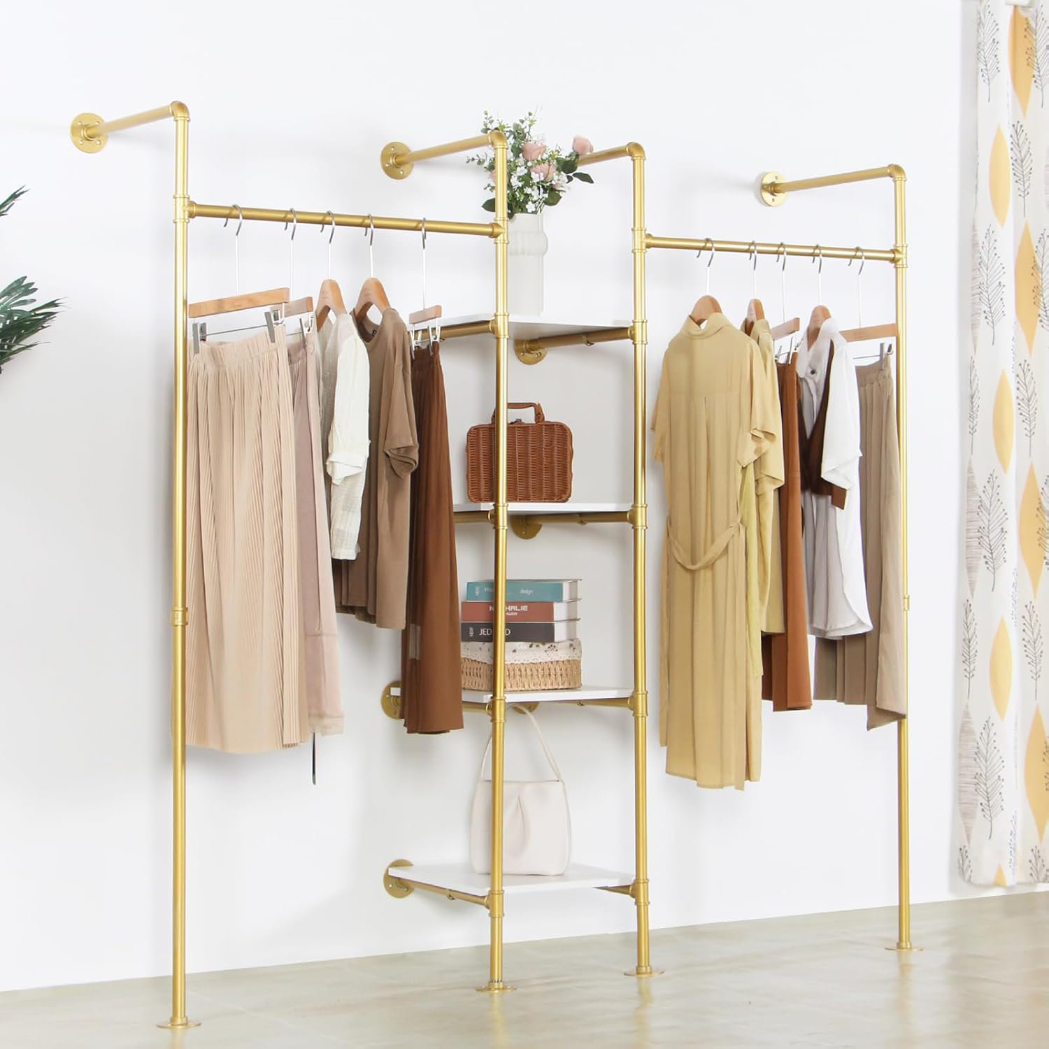 Rebrilliant Industrial Pipe Gold Clothing Rack With Shelves, Retail ...