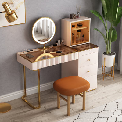 Meuble-lavabo de haute qualité avec tabouret, très facile à assembler, plateau en verre, avec prise de courant