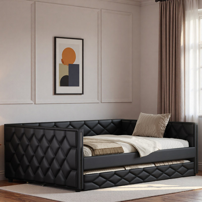 Upholstered Daybed With Trundle And Led, Black