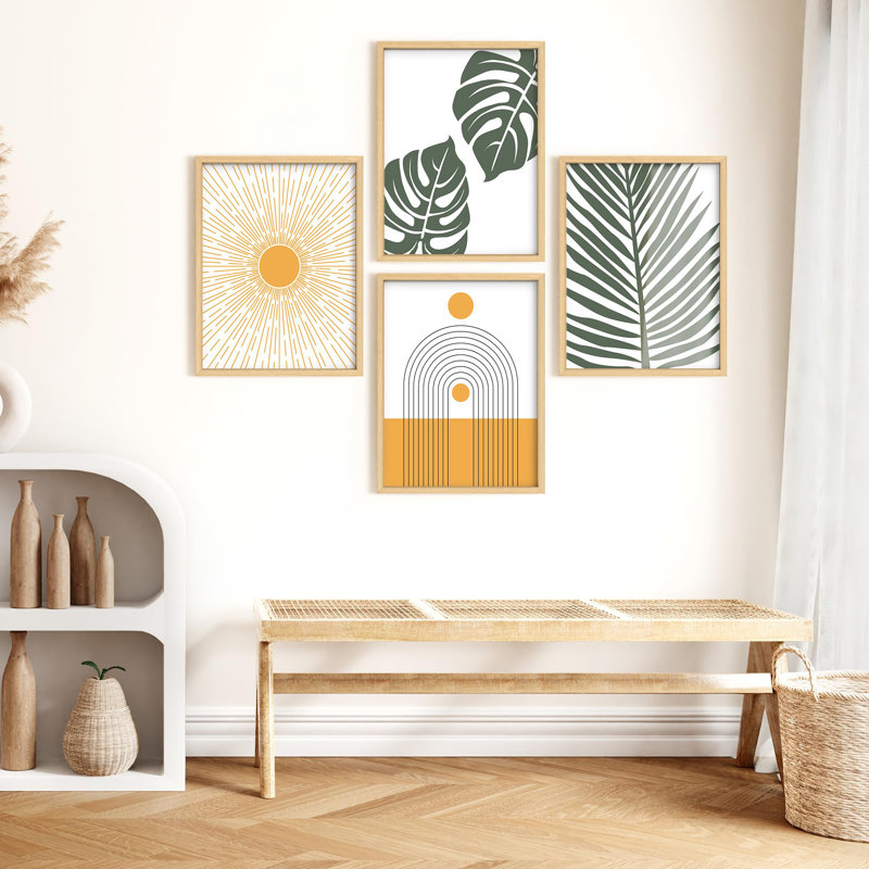 "Feuilles de Monstera tropicales - Boho géométrique - Illustration murale de feuilles de palmier" - 4 pièces, Or