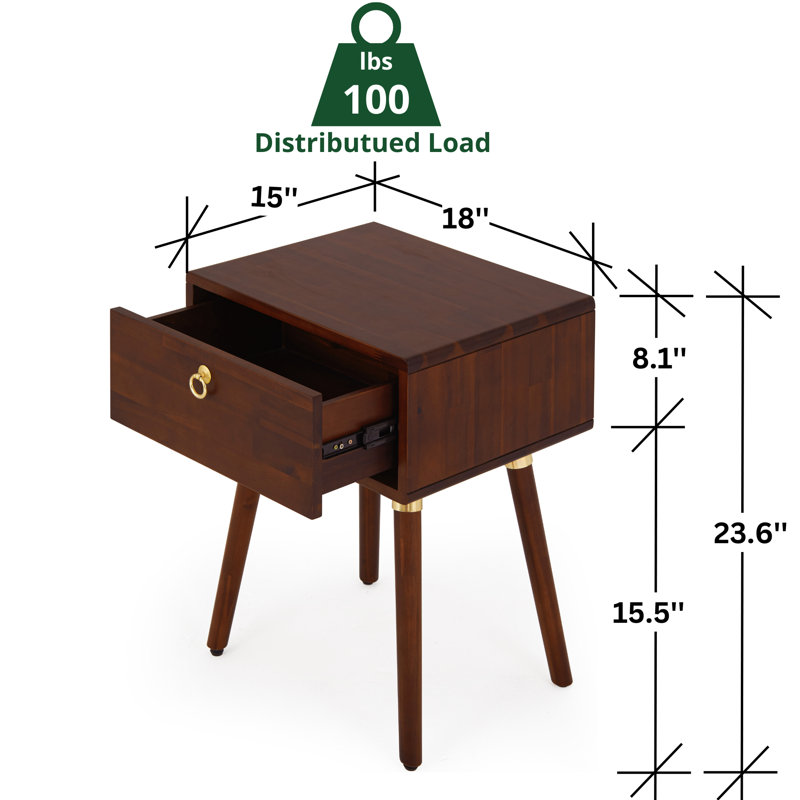 Solid Wood Bedside Table With 1 Drawer, Suitable For Bedroom And Living Room, Walnut