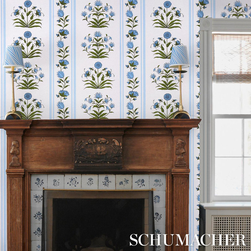 Schumacher x Marie-Anne Oudejans Poppy Stripes Wallpaper, Blue