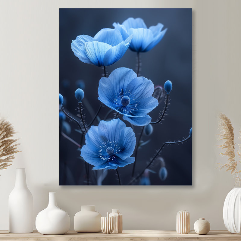 «Blue Mon monochrome Ethereal Beauty Poppies», impression d'art mural coquelicots, Toile avec cadre flottant noir