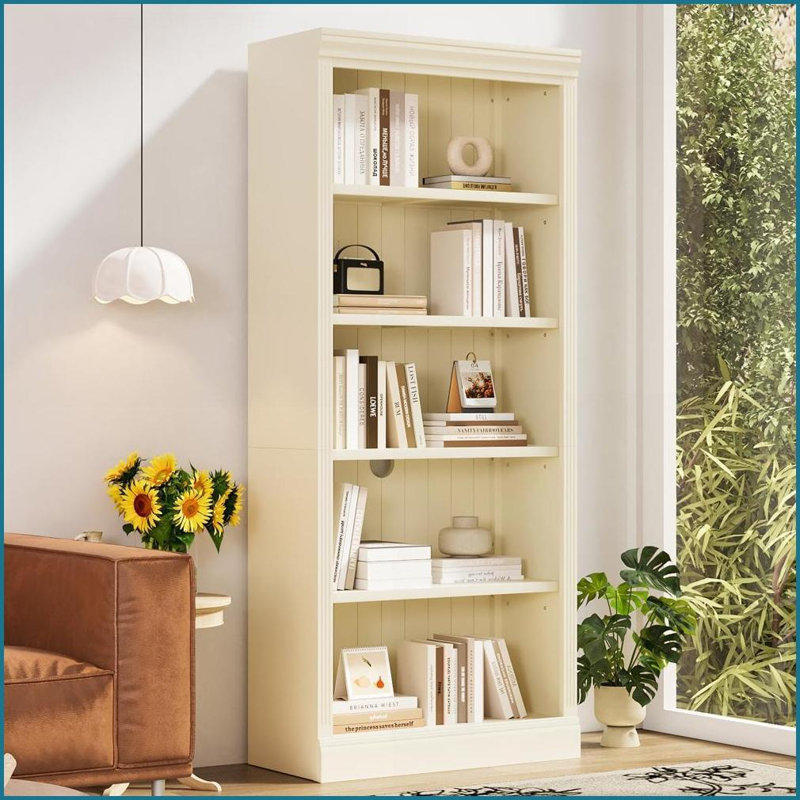 Bibliothèque moderne 83,4 po à 5 niveaux avec bande lumineuse DEL, tablettes réglables | Bois massif et panneau de fibres à densité moyenne | Beige + jaune