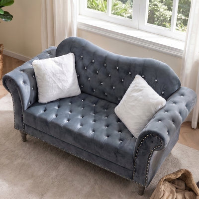 Causeuse en velours 66,5 po, Chesterfield touffeté à losanges cristal, gris
