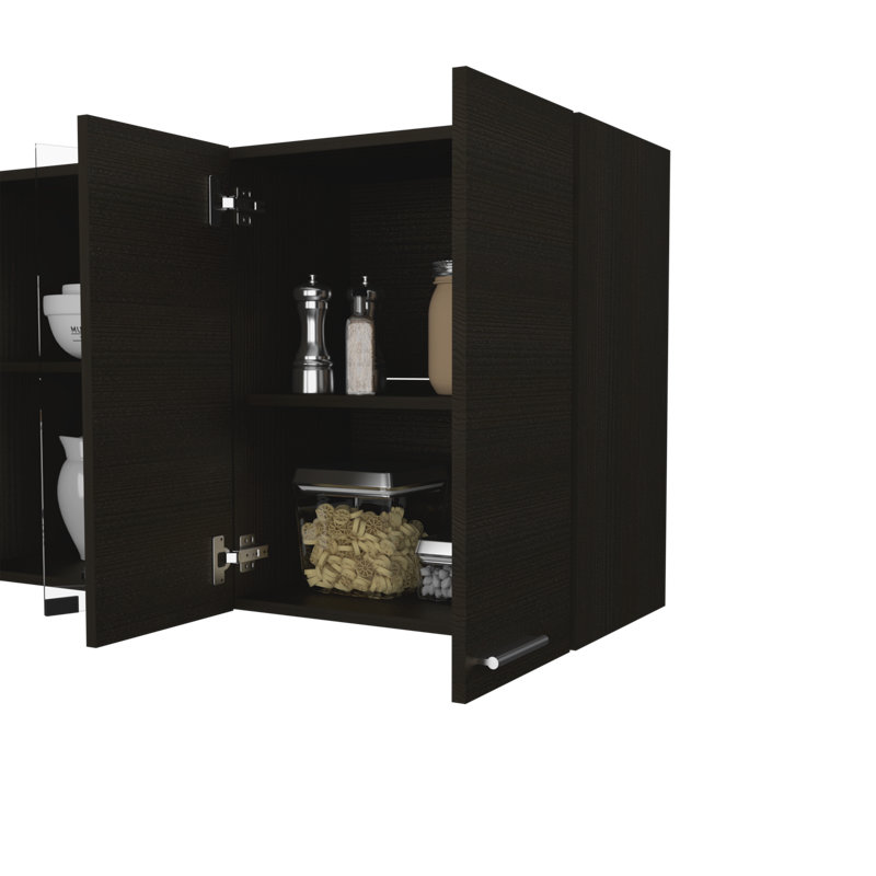 TUHOME Jewlia 59" W 6-Door Wall-Mounted Kitchen Storage Cabinet with Dish Rack and Open Shelves – Wengue, Black