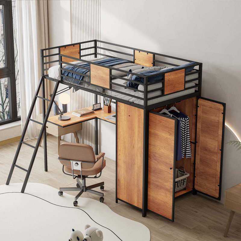 Lit mezzanine avec bureau en L et garde-robe, Noir