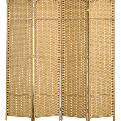 4 Panel Privacy Screen, 5.6' Tall Room Divider For Home. Natural Wood Theme With Hand-woven Pattern. Versatile Bedroom, Office. Made Of Strong Frame & Polypropylene Webbing. Lightweight And Foldable