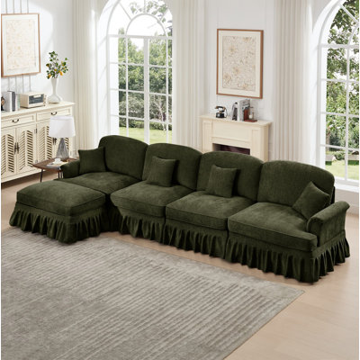 Classic Three Seater Modular L Shaped Sectional Couch with Flared Arms and Removable Ruffles Pleats Skirts and Spindle Legs, Comfy Chenille Four-Seat