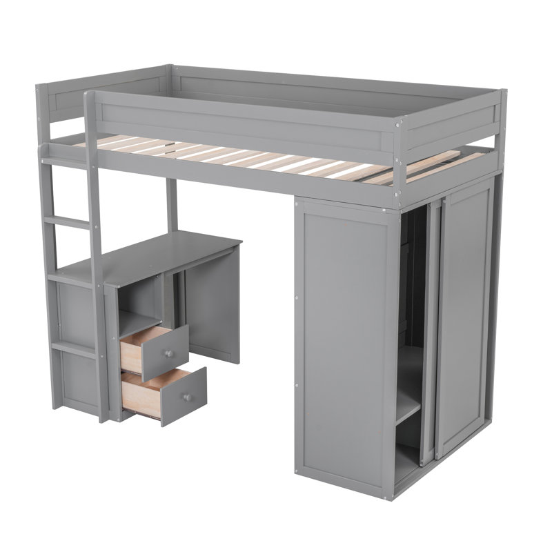 Lit mezzanine simple avec garde-robes, 2 bureau et armoire, armoires modernes gris feu, Lit simple, Gris