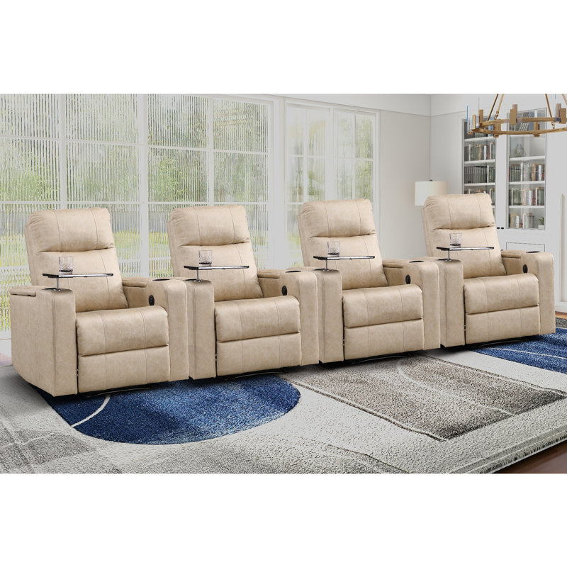 33.1'' Wide Modern Faux Leather Power Reclining Home Theater Individual Seat with Cup Holders (Set of 4), Beige