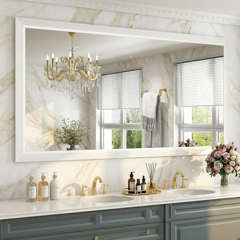 Miroir de salle de bain en verre trempé épais de haute qualité, 72 po x 36 po, Blanc
