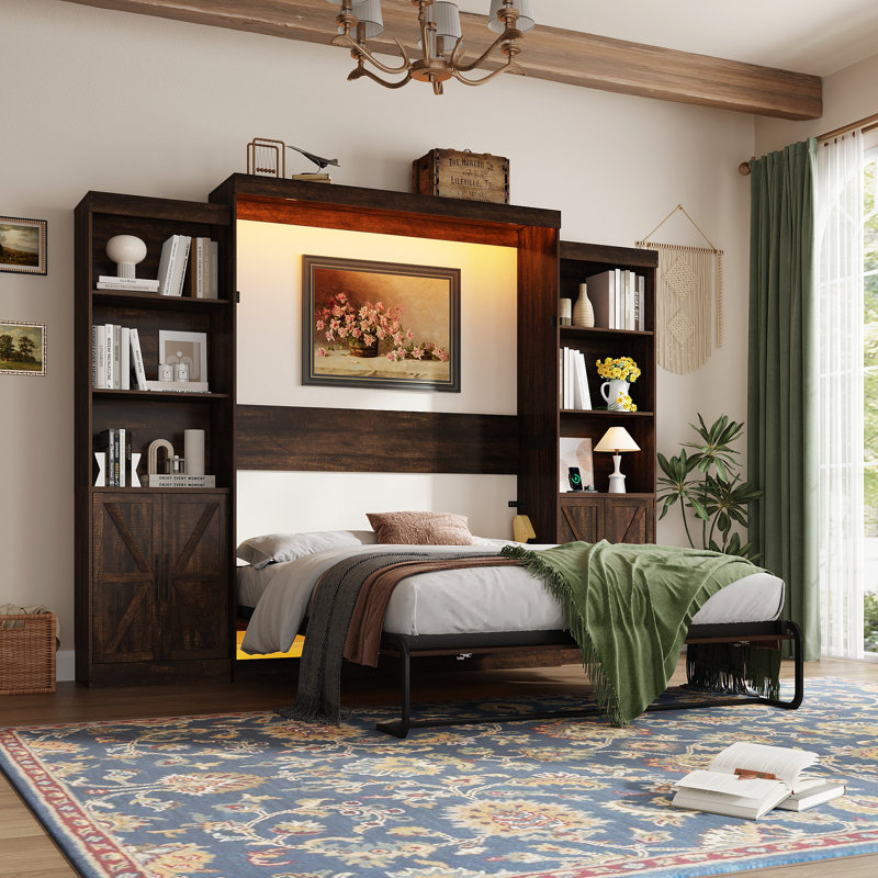 Murphy Bed With 2 Side Storage Cabinets, LED Lights, And Charging Station,  No Box Spring Needed, For Home Office, Brown