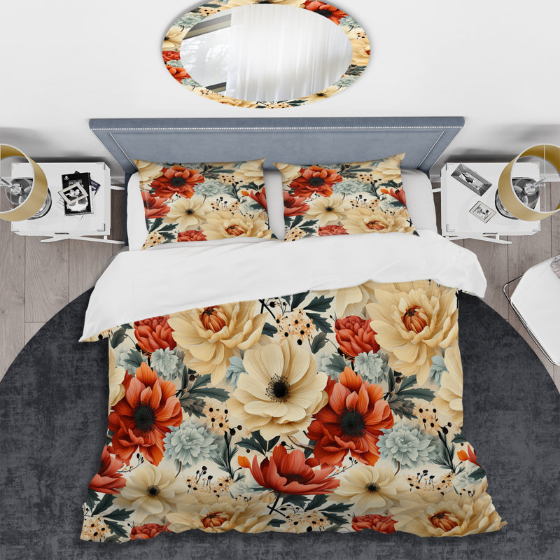 Elegant Beige Country Blossum Charm - Ensemble de housse de couette à motif floral