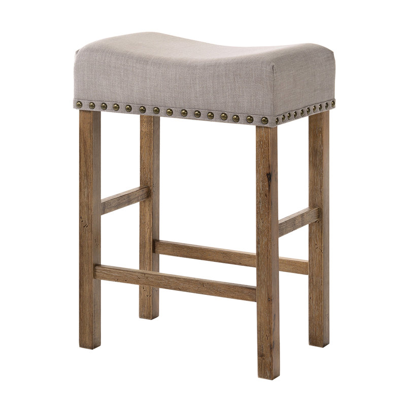 2 tabourets de comptoir en lin brun clair - gris patiné et hauteur de chêne rustique avec assise en mélange moderne