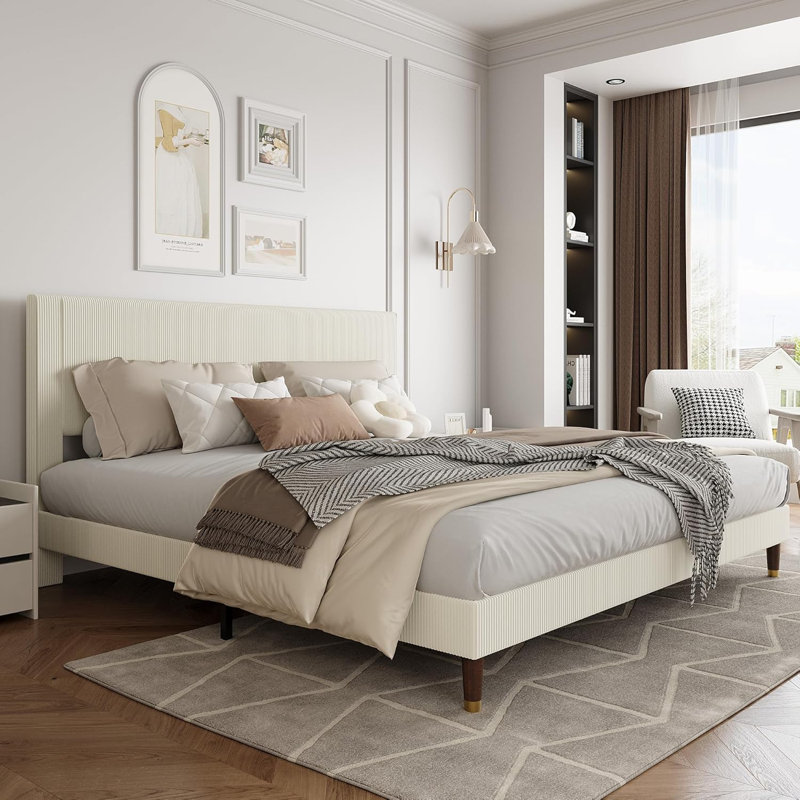 King Upholstered Platform Bed Frame, Fabric Headboard, Metal Frame with Wooden Slats, Modern Bedroom Use ,Beige, Beige, King