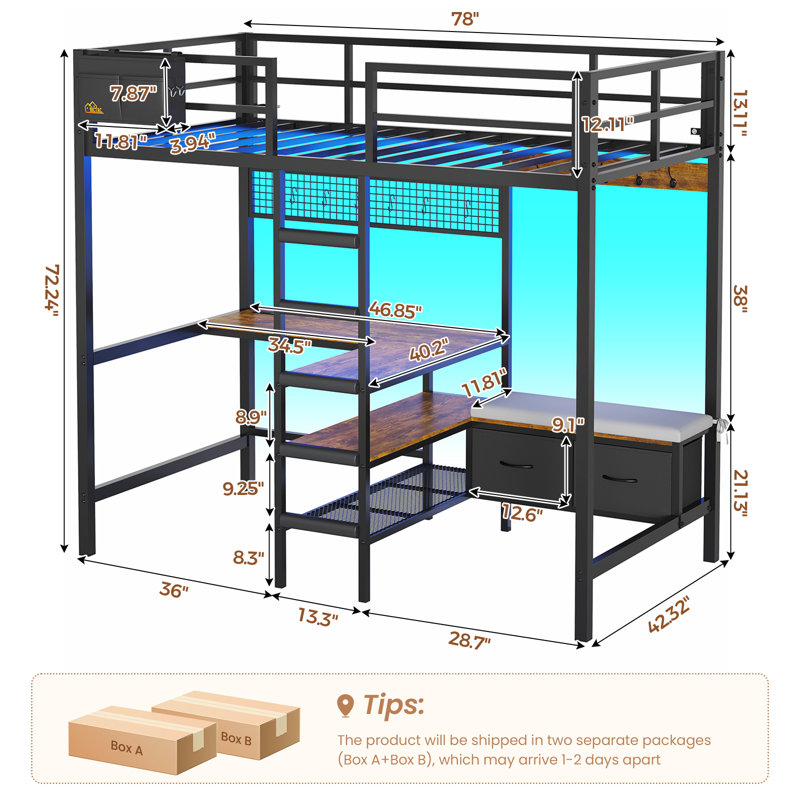 Loft Bed Twin Size With L-shaped Desk, Led Lights And Charging Station Twin Metal Tall Bed Frame With Storage Shelves,hall Tree Shoe And Bench With 2 Storage Drawers,safety Guard & Stair,
