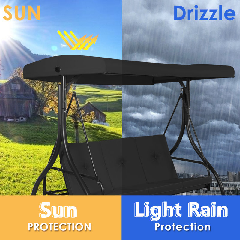 Black Adjustable Steel Frame 3-Seat Outdoor Swing with Canopy