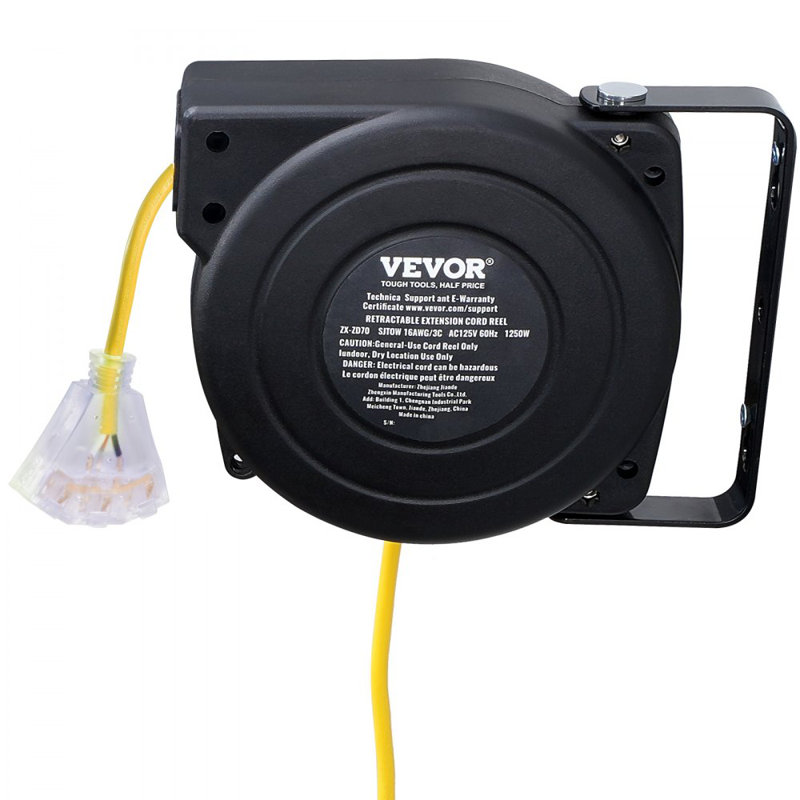 Enrouleur de cordon d'alimentation rétractable 30FT 16AWG / 3C SJTOW, Noir / Jaune