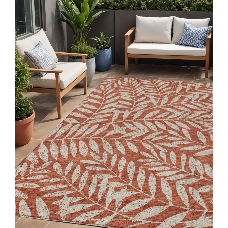 Tapis extérieur lavable floral orange et ivoire 5 pi x 8 pi