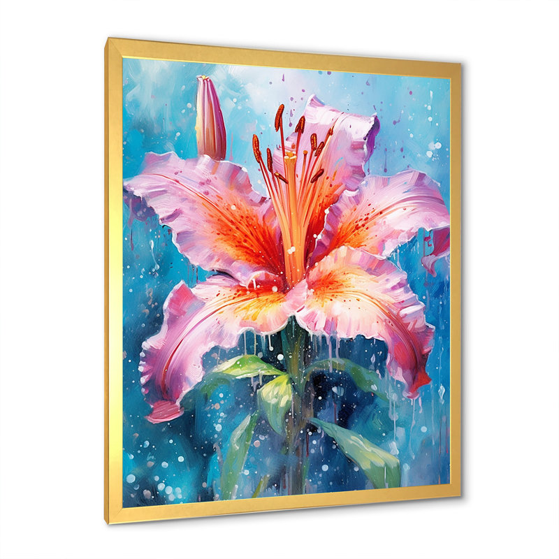 Aquarelle, fleur de lys corail, tranquillité sur toile, Cadre doré simple, H 20 po x l 12 po x P 1 po