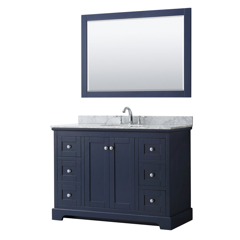 Avery 48'' Single Bathroom Vanity with Top, White Carrara Marble, Dark Blue