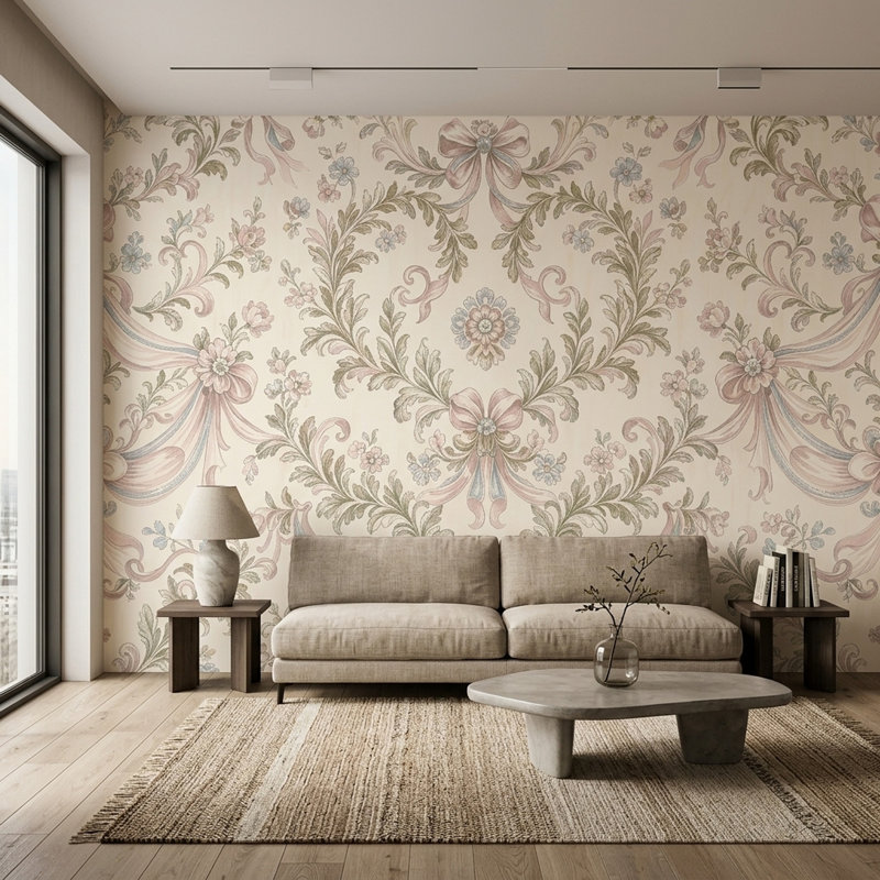 Papier peint damassé floral, 100 po x 96 po, Non tissé