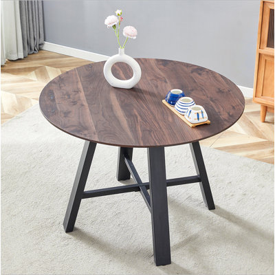 Table de salle à manger et table basse moderne et minimaliste moderne. Plateau de table en bois aggloméré de 42 po de diamètre, plateau de table en grain de bois profond, pieds en métal noir