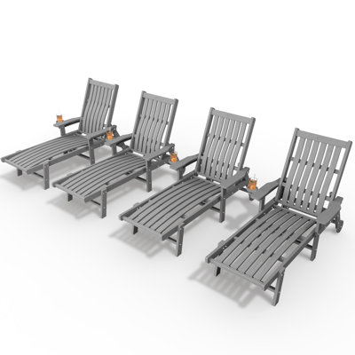 Pakkdiarie Outdoor HDPE Adjustable Reclining Chaise Lounge Chair With Wheels & Cup Holder (Set of 4)