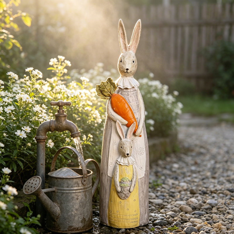 Lapin tenant un panier tenant un lapin et une carotte, statue d'artisanat peinte à la main, figurine de lapin de Pâques au printemps