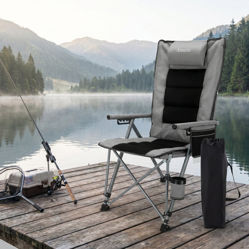 Adjustable Reclining Camping Chair With Cup Holder & Side Pocket, High Back Folding Outdoor Chair For Patio, Camping, Beach, Gray