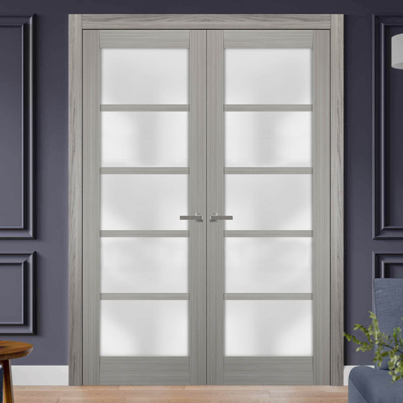 56 x 84 Inch Grey Ash French Double Doors with Frosted Glass