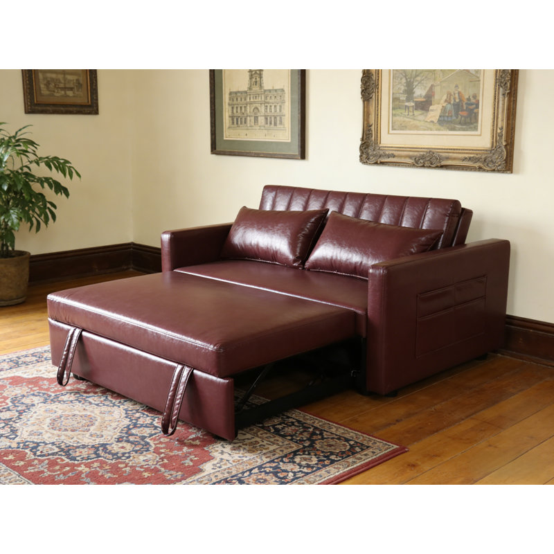 55'' Leather Small Loveseat Pull-out Sofa Bed - Adjustable Backrest With 2 Soft Pillows, Gray