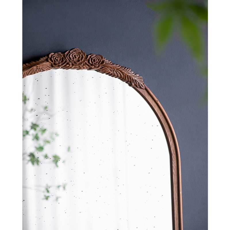 30" Black Crowned Top Antiqued Glass Round Framed Accent Mirror, Arch, Brown