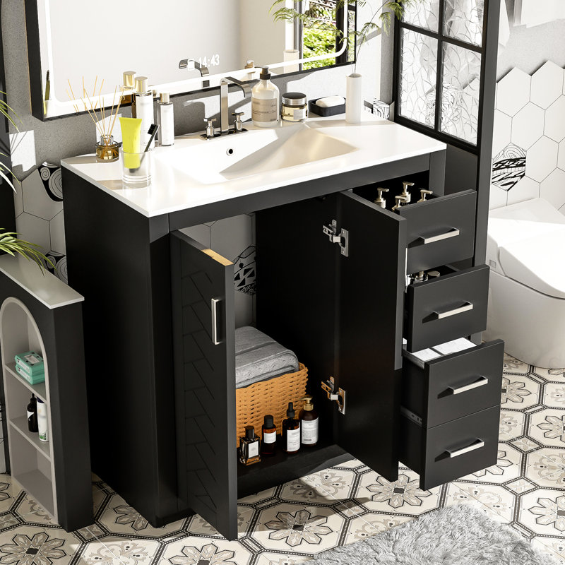 Black 36'' Bathroom Vanity With Ceramic Sink: Ample Space For Items, Stylish Design Structure, Functional