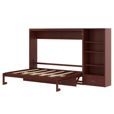 Grand lit escamotable avec compartiments de rangement à hauteur réglable et tablette, cadre de lit mural avec 1 tiroir, lit plateforme pliable multifonctionnel pour chambre à coucher, chambre d'amis, noyer (ANCIEN SKU: N733S309223D)