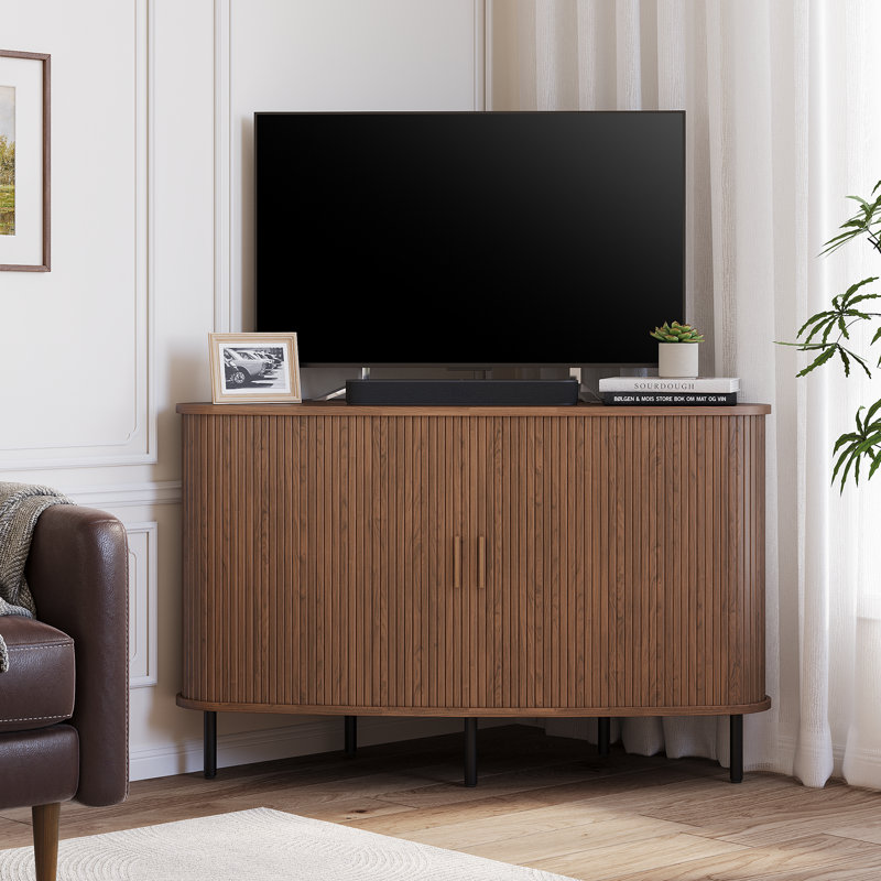 Meuble télé d'angle avec prise de courant et rangement pour téléviseur de 55 po ou moins, 47.25", Noyer