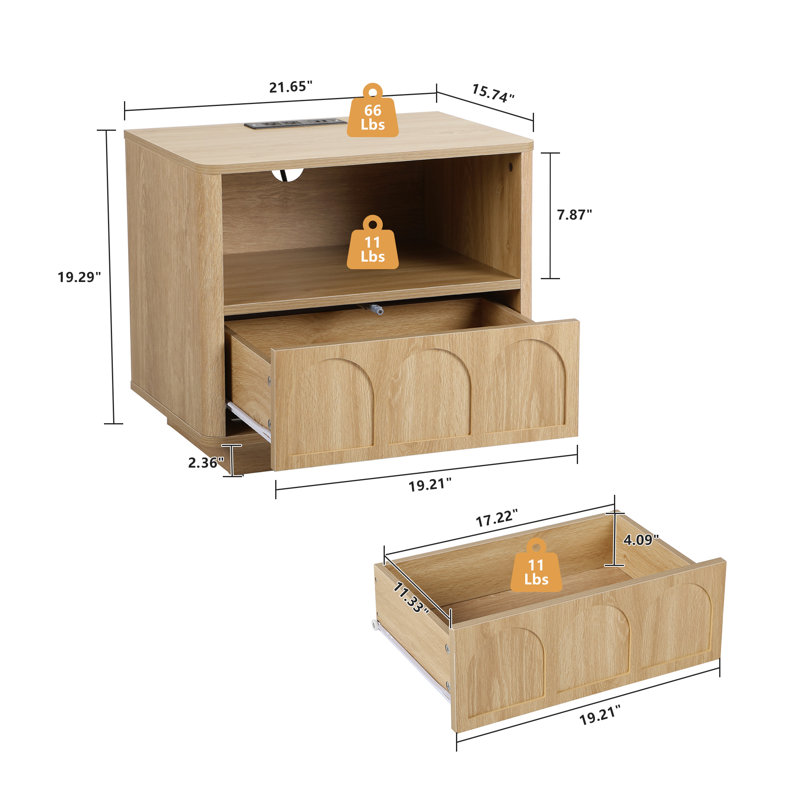 Tables de bout avec tablettes ouvertes et tiroirs, Naturel