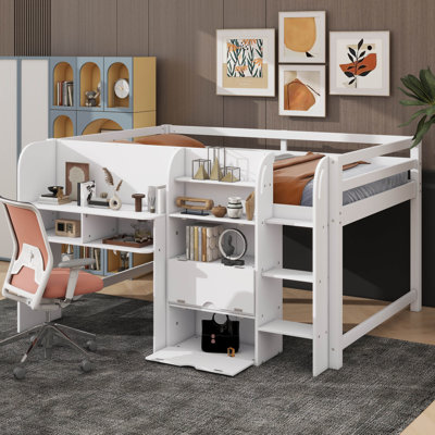 Full-Size Space-Efficient Loft Bed With Built-In Desk, Storage Spaces, Open Book Racks, And Innovative Idea Whiteboard