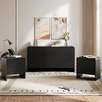 Ensemble de chambre à coucher 3 pièces, commode 6 tiroirs et ensemble de table de chevet 2 pièces