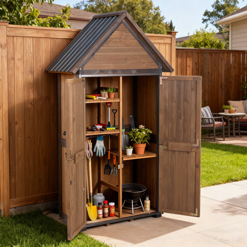 Outdoor Storage Shed with Metal Frame & Adjustable Shelves, Large Capacity Garden Tool Cabinet for Patio, Lawn, and Backyard (Wood)