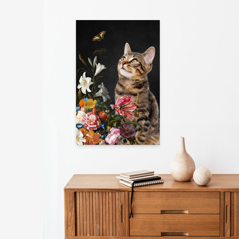 Art contemporain, chat, chats et papillons, H 24 po x l 16 po